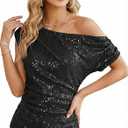 SEVOBA PROM One Shoulder Sequin Tops for Women Off Shoulder Sparkly Shirt Elegant Asymmetrical Ruched Glitter Shirt Cocktail Party Tops Black XXL