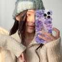 Jusy Compatible with iPhone 16 Pro Max, Colorful Retro Oil Painting Printed Flower Laser Glossy Pattern Cute Curly Wave Phone Case Soft TPU Cover for Girly Women -Purple