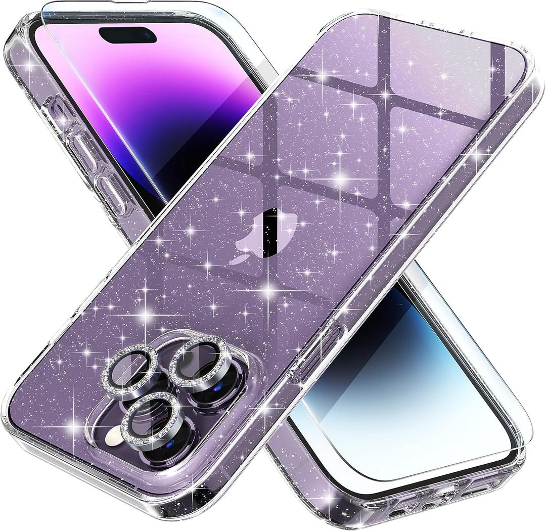 Choiche Compatible for iPhone 14 Pro Max Case Cute, Women Clear Glitter Bling Sparkly Case, [3 x Diamond Camera Lens Protectors] [2 x Tempered Glass Screen Protectors] 6.7-inch (Glitter Clear)