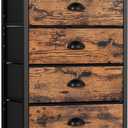 Furnulem Tall 5 Drawers Dresser, Vertical Storage Tower Fabric Dresser for Bedroom, Hallway, Entryway, Nursery, Closet Organizer, Nightstand Bedside Table Furniture, Sturdy Steel Frame, Wood Top