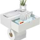 Domax White Toilet Paper Holder with Shelf,Wall Mount/Adhesive Bathroom Toilet Paper Holder,Bamboo Wood Tissue Toilet Roll Holder with Storage Drawer for Organizer Wipes,Fits Any Room, Large