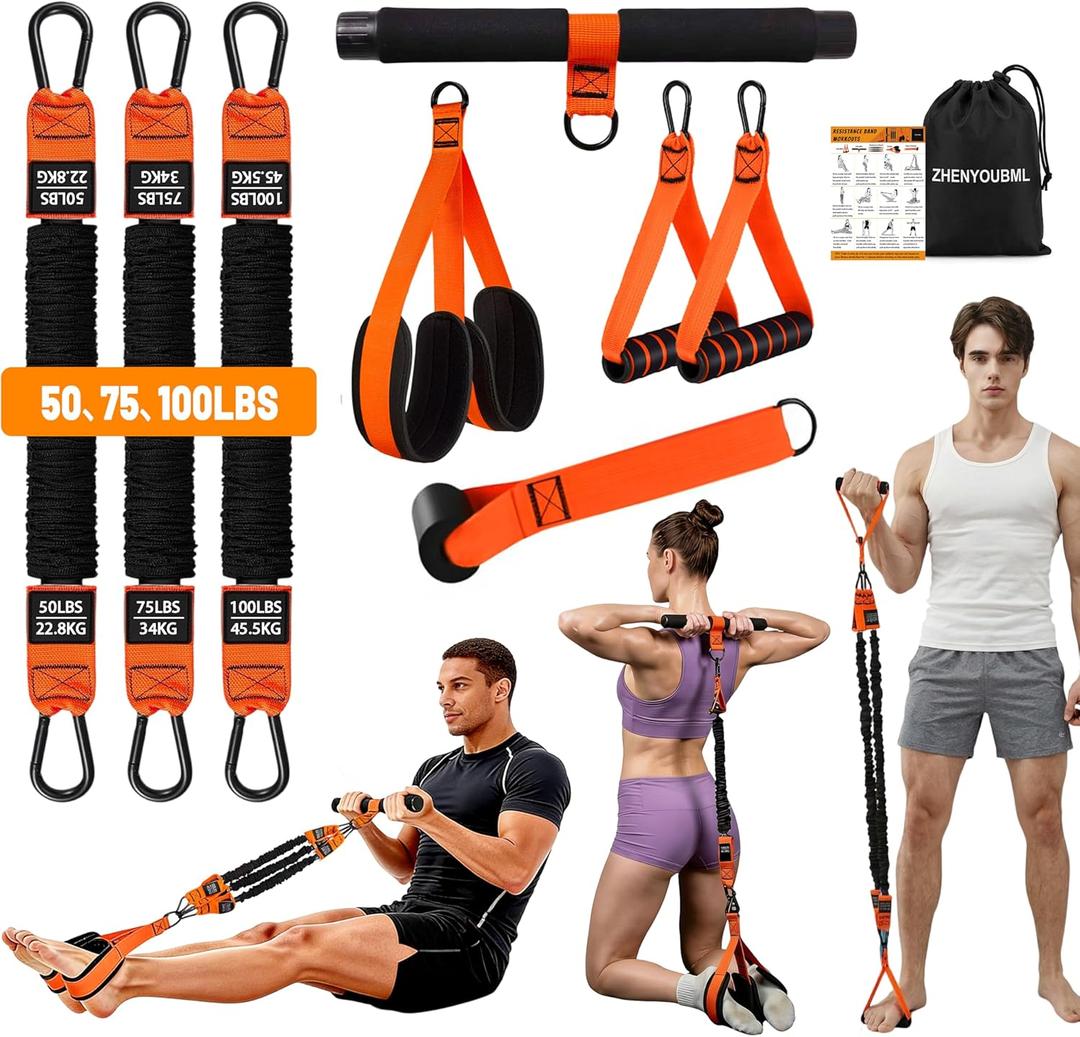 Upgraded Multifunction Pedal Resistance Band with Handle, Exercise Bands with 3 Tube Adjustable Resistance Bands, Pedal, Door Anchor and 3 Handles, for Full Body Training for Abs Arm Leg Waist Workout