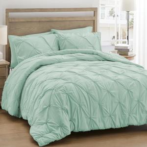 UNIKOME King Size Comforter Set Sage Green - Ultra Soft Boho Pintuck Down Alternative Bedding Set for Winter, All Seasons, 3 Pieces Lightweight Warm Pinch Pleat Bed Set with Comforter