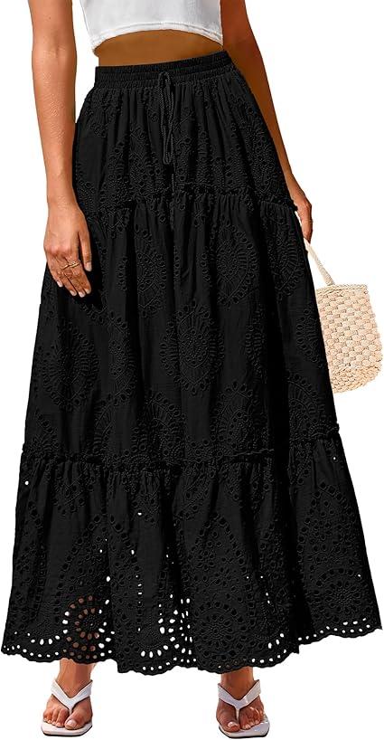 BTFBM Women's Boho Casual Skirts Summer 2025 Lace Embroidery Eyelet Elastic Waist Flowy Tiered A-Line Beach Maxi Skirt (XXL, Black)