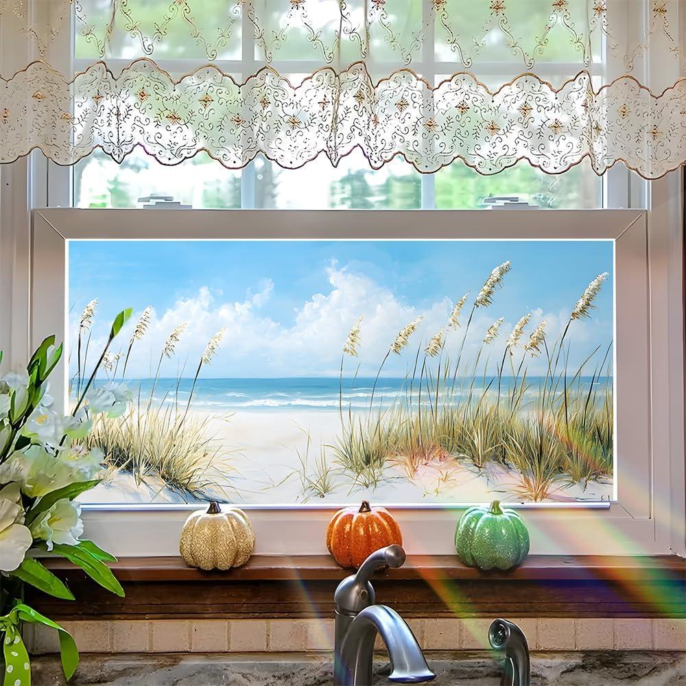Window Privacy Film, Soft Coastal Dune Static Cling Window Film, Removable Decorative Window Covering for Home Office Bedroom Bathroom, Beach Grass Ocean Scene, 39.3 x 17.3 in (Colorful142)