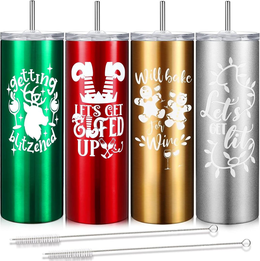 Maxdot 4 Pcs Christmas Tumbler with Lid and Straw Stainless Steel Christmas Cup Double-Insulated Water Travel Mug Vacuum Tumbler with Cleaning Brush Xmas Gift(Funny Style, Red/green/gold/silver)