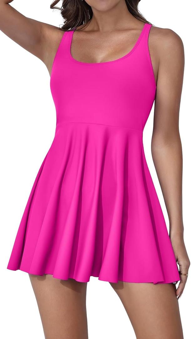 B2prity One Piece Swimdress Swimsuits for Women Tummy Control Swim Dress Cute Modest Skirt Bathing Suit (Small, Hot Pink)