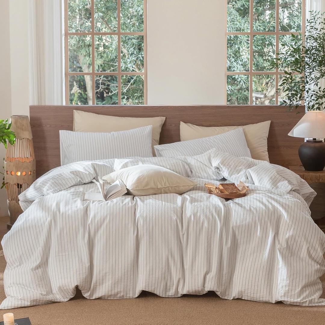 MooMee Striped Duvet Cover Set 100% Washed Cotton Linen Like Textured Breathable Durable Soft Comfy (White Cornflower Blue Wide Stripes, Twin 68"x90")