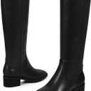 ISNOM Knee High Boots Women Chunky Low Heel Square Toe Elastic Boots Side Zipper Faux Leather Fall Long Tall Boot (8.5, Black-block Heels)