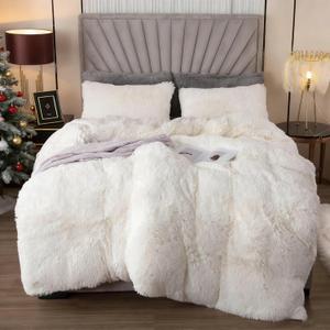 EMME Plush Shaggy White Duvet Cover Set Queen Size 3 Pieces Luxury Fuzzy Comforter Cover Set, Soft Faux Fur Fluffy Winter Bedding Set (White, Queen)
