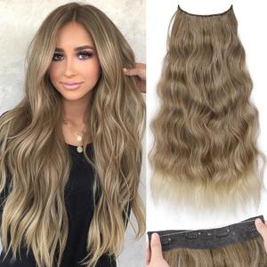 KooKaStyle Invisible Wire Hair Extensions with Transparent Wire Adjustable Size 4 Secure Clips Long Wavy Secret Synthetic Hairpiece for Women(24 Inch 10T613#Ash Brown mix Bleach Blonde)