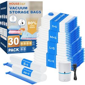 HOUSE DAY 30 Pack Vacuum Storage Bags with Electric Pump, 4 Sizes + 2 Roll-Up (5 Each), Space Saver Vacuum Seal Bags for Clothing, Bedding, Pillows, Travel  Airtight Seal, Reusable & Durable