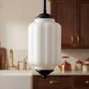 Farmhouse Pumpkin Pendant Light Vintage Milk Glass Shade, Brass Color Adjustable Canopy, Retro Industrial Glass Ceiling Light Fixture for Dining Room, EntrywayKitchen Island (Black White)