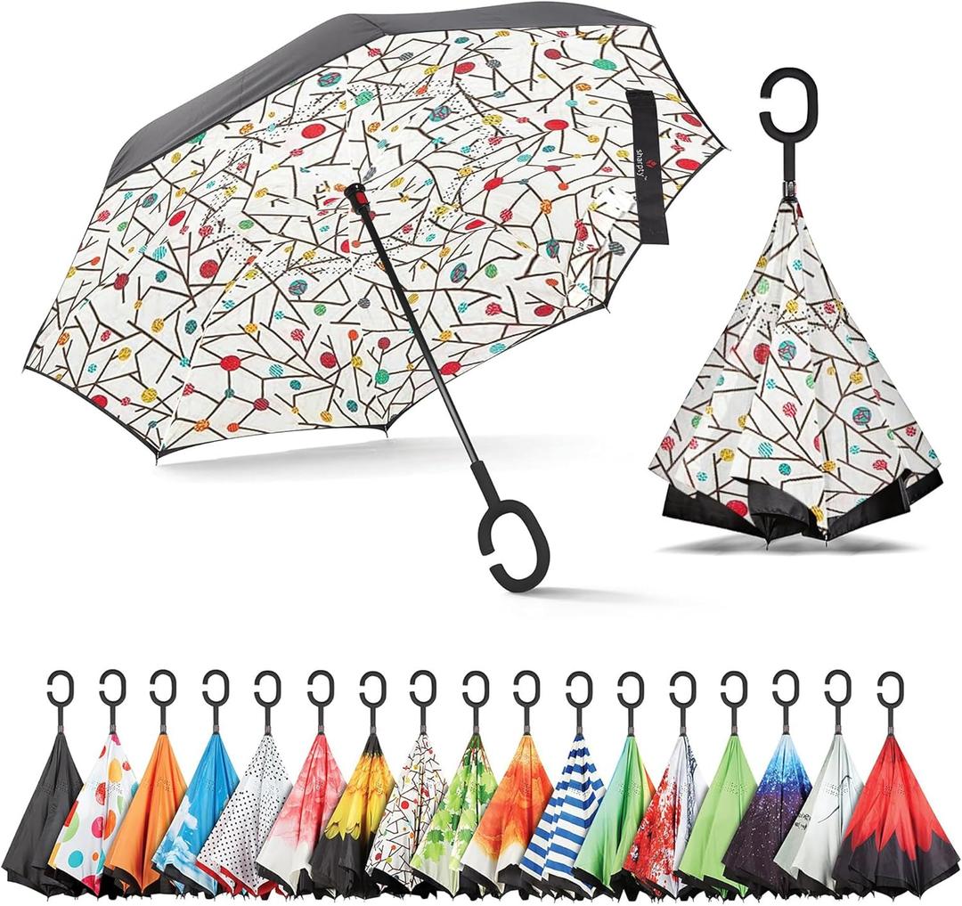Sharpty Inverted, Windproof, Reverse Umbrella for Women with UV Protection, Upside Down with C-Shaped Handle (White floral)
