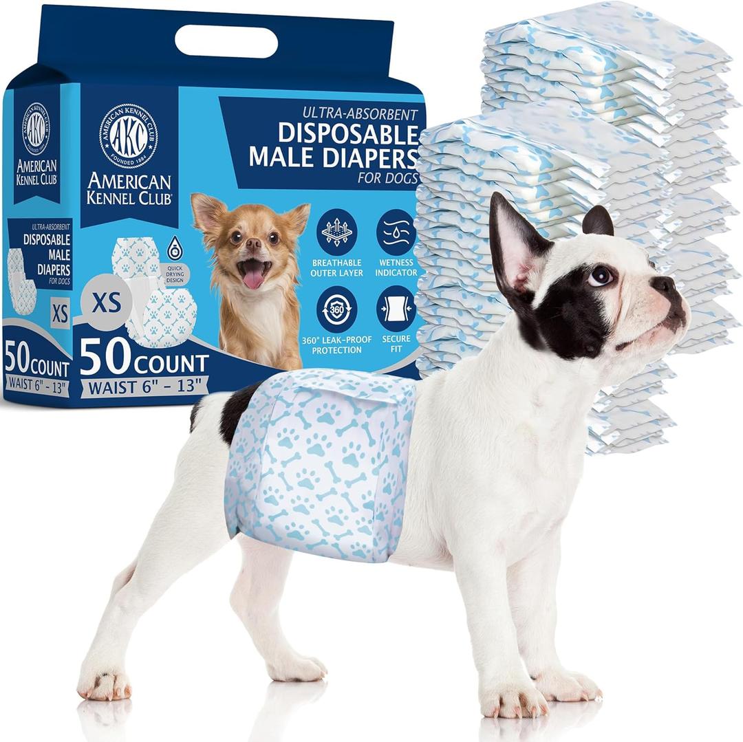 American Kennel Club Male Dog Wrap, Disposable Diapers with Wetness Indicator, X-Small, 50 Count (XS Waist 6 - 13 in)