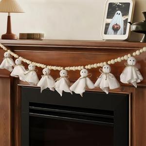 7.2 FT Halloween Garland Ghost Decorations, Adjustable Hanging Cute Ghost Garland Mantel Decor, Handmade Wooden Beads Halloween Banner for Fireplace Home Room Indoor Outdoor Office Wall Party Supplies