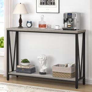 FOLUBAN Industrial Sofa Console Table, Rustic Wood and Metal Entryway Hallway Table for Living Room Entrance, 43.3 Inch Light Grey