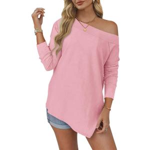 Tankaneo Womens Off The Shoulder Tops Casual Long Sleeve T Shirts Irregular Hem Split Tunics Loose Fall Blouse Shirt (Pink, L)