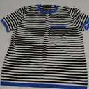 LILLUSORY Womens Striped Short Sleeve Sweater Pullover Shirts with Chest Pocket (Medium, Blue Black)