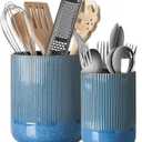 LE TAUCI Utensil Holder for Kitchen Counter, 7.3"+5.4" Fluted Ceramic Utensil Crock Organizer for Countertop, Heavy Large Holder for Spatulas, Spoons, Set of 2, Blue Marble