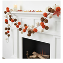 Fall Velvet Pumpkin Garland Thanksgiving Harvest Pumpkin Banner Decorative Foam Pumpkins Garland for Fireplace Mantel Autumn Farmhouse Porch Indoor Wedding Table Centerpiece Decor