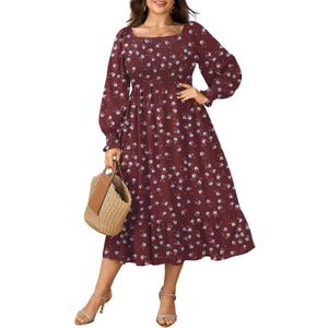 SCOMCHIC Women's Plus Size Maxi Dress Long Sleeve Square Neck Dress Casual Smocked Ruffle Swing Flowy Long Fall Dresses (Brown, XXL)