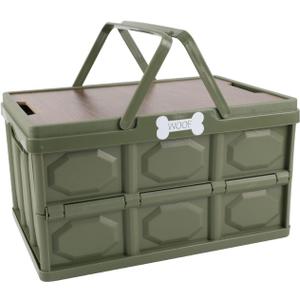 Outdoor Dog Toy Bin wtih Handles,Collapsible Dog Stuff Organizer Portable,Pet Storage Basket with Wood Cover for Dog Toys/Snack/Camping Essentials,Ideal for Car Trunk,RV Trip,Picnic-Green