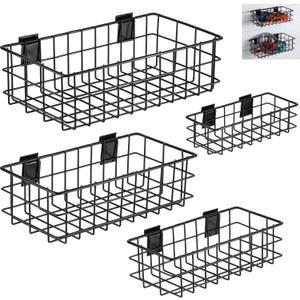 Menkxi 4 Pcs Slatwall Baskets Set Black Ventilated Metal Slatwall Baskets Multiple Sizes Hanging Mounted Storage Accessories for Garage Rooms Shops Panels Storage Display Organizing