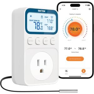 WiFi Plug in Thermostat Outlet, Temperature Controlled Outlet with Smart APP, Timer & Memory Digital Temp Controller -40~212, IP67 Waterproof Probe for Incubator Homebrew Reptile Space Heater