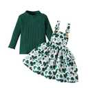 Noubeau Toddler Baby Girl St. Patrick's Day Outfits Green Long Sleeve High Collar Sweatshirt Top Clover Shamrocks Strap Skirt (Dark green, 18-24 Months) (Green)