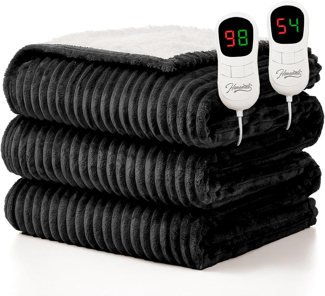 Homemate Electric Heated Blanket King Size - 100"x90" Heating Blanket King Size Dual Control 1/2/4/6/8 Hours Auto-Off 10 Heat Level Over-Heat Protection Soft Flannel Sherpa ETL Certification (05 - Black(striped))
