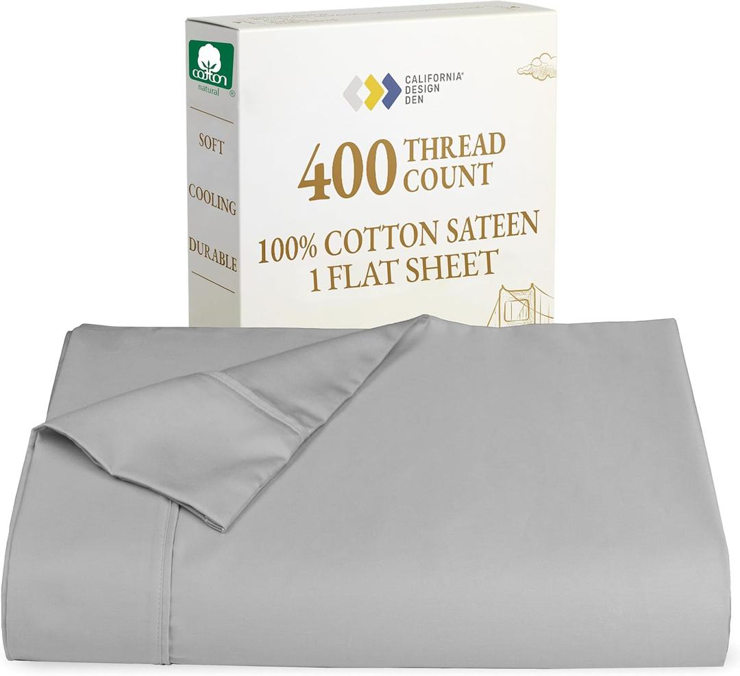 California Design Den King Size Flat Sheet, 400 Thread Count 100% Cotton Sheet, Sateen, Bed Sheets, Top Sheets, Single King Flat Sheet Only (Light Grey)