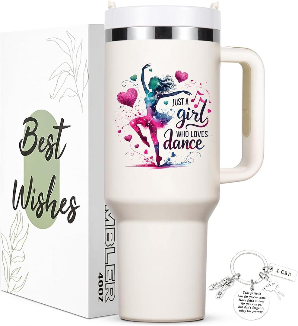 Lifecapido Dance Recital Gifts for Girls, Dancer 40oz Tumbler with Key Chain, Dancer Dance Gifts, Creamy