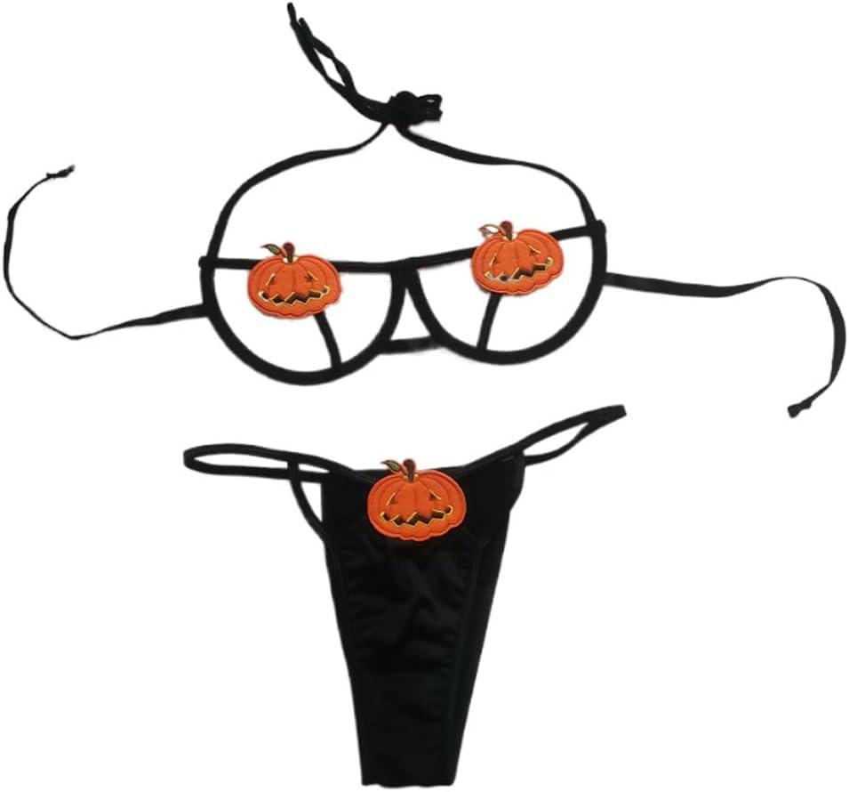 Halloween Lingerie Sexy Pumpkin Bikini Anime Devil Cosplay Costume Goth Harness Bra and Panty Set Festivals Rave Outfit Black