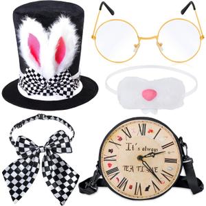 Kyson Fancy White Rabbit Costume Accessories Set 5Pcs Bunny Ear Top Hat,Bow Tie,Nose,Glasses,Clock Bag for Halloween Easter