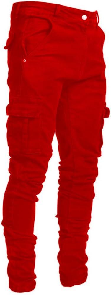 Men's Casual Stylish Straight Slim Fit Jeans Young Hiphop Skinny Denim Pants (Red) Size 34