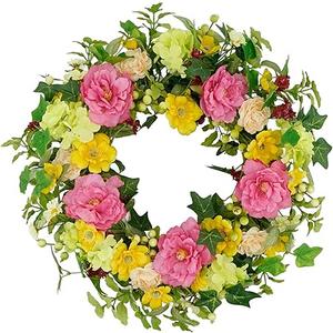 YNYLCHMX 18" Spring Summer Wreaths for Front Door, Artificial Floral Wreath with Ivy Leaves Daisies Pansies Rose Leaves, Green Foliage Wreath for Wall Window Farmhouse Party Holiday Home Decor