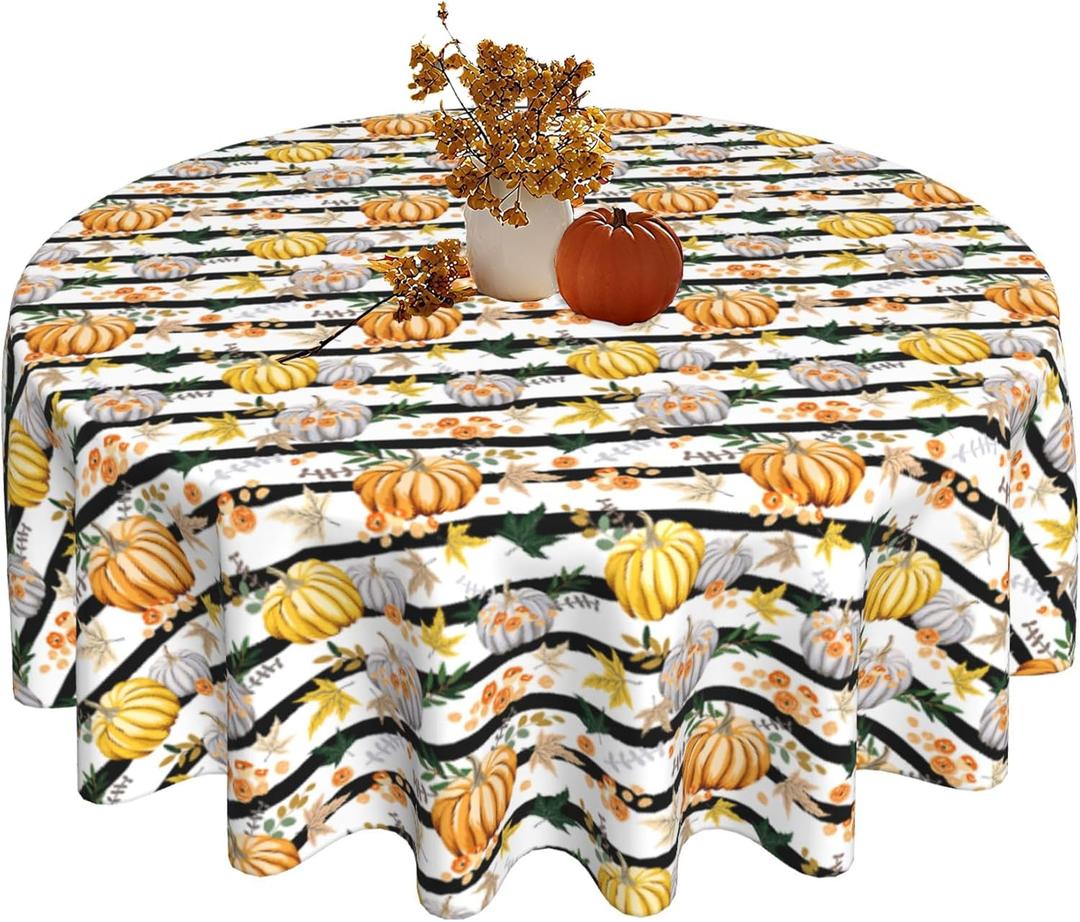 Fall Round Tablecloth 60 Inch Maple Leaf Pumpkin Table Cloth Waterproof Resistant Reusable Autumn Thanksgiving Decorations Table Cover for Kitchen Dinning Holiday Party Decor