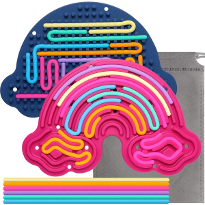 Hongvkae 2 Pack Sensory Activity Board Silicone Fidget Toy, DoubleSided Rainbow Sensory Toys for Autism, Stress, Anxiety, ADHD, Kids 3+& Adults, Includes Travel Bag & 24 Strings, Red & Dark Blue