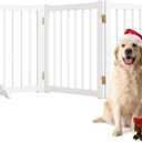 Indoor Dog Gate,Wooden Freestanding Dog Gate for Stairs or Doorways-3 Panels 24" - Folding Solid Wood Safety Pet Fence with 2 Support Feet-White Color