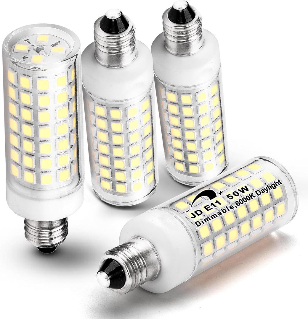 ALIDE E11 Led Bulbs Dimmable Daylight,JDE11 120V 50W Halogen Candelabra Bulbs Equivalent,T3 T4 Mini Base JD E11 Bulb, 6000K Bright White 5W E11 for Chandeliers, Ceiling Fan, Table Lamps,4Pack (E11 50W, 6000k Daylight White)
