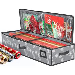 HOLDN STORAGE Premium Wrapping Paper Storage Container - Durable 600D Tear-Proof, Fits 27 Rolls Gift Wrap, Extra Pockets for Ribbons & Bows, Underbed Storage - Ideal for Holiday Christmas, Grey/White Snowflakes