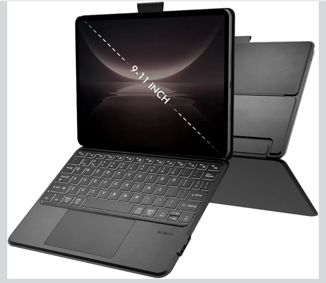 Universal Keyboard Case for 9-11 Inch Tablets, Dual Bluetooth Detachable Keyboard for Android Tablets/iPads/Galaxy Tabs, Magnetic Backlit Keyboard with Washable Adhesive Mount&Any-Angle Stand&Trackpad, Black