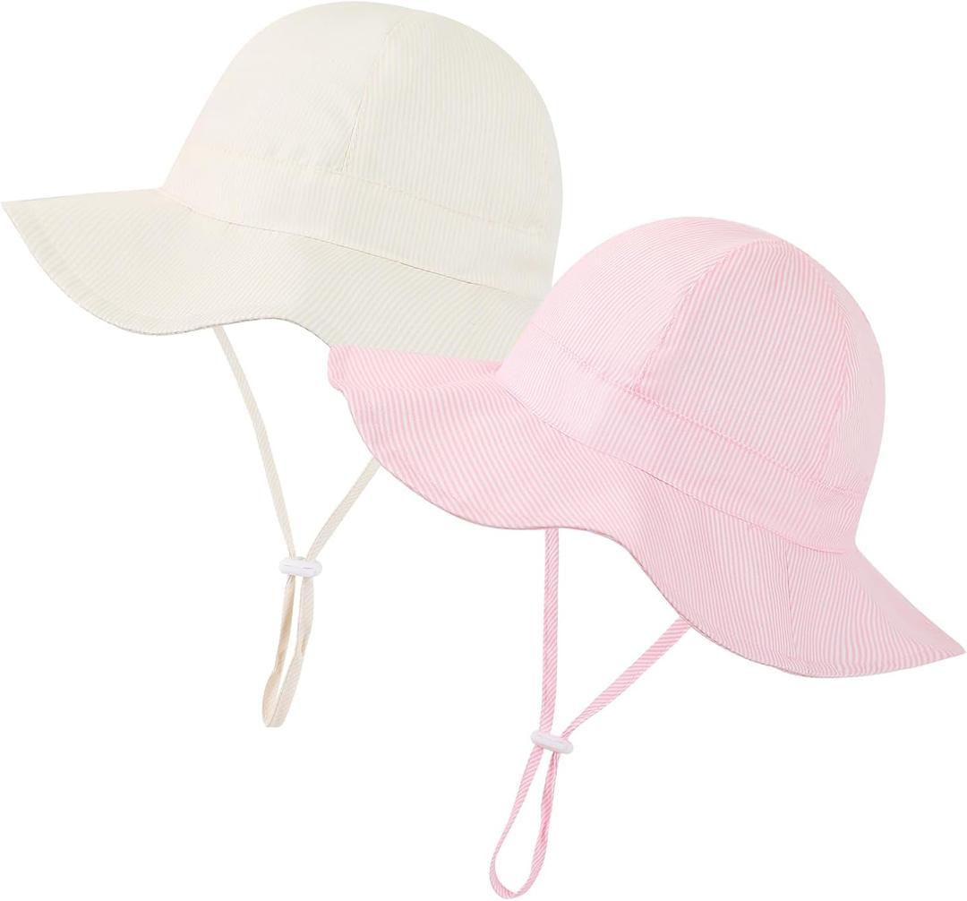 Baby Girl Sun Hat Toddler Beach Hats with UPF 50+ Protective Infant Summer Hat with Wide Brim Baby Girls Bucket Hat (6-12 Months, Pink Stripe + Beige Stripe)