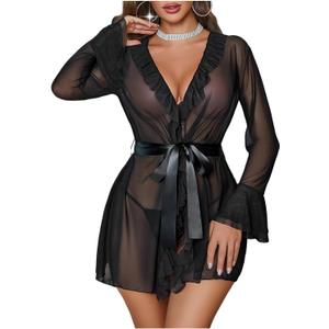 Avidlove Mesh Lingerie Robe Sets Long Sleeve Kimono Nighty With Thong | Sexy, Long Sleeve, Soft, Sheer Mesh, Robe with Thong, Ruffle Bell Sleeves