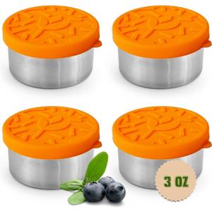 TAVVA 4 X 3 oz Food Storage Containers with Lids - Leakproof w/Silicone Lids - BPA Free - Dishwasher & Freezer Safe - Portable & Reusable - Small Stainless Steel Snack Cups Dressing Containers