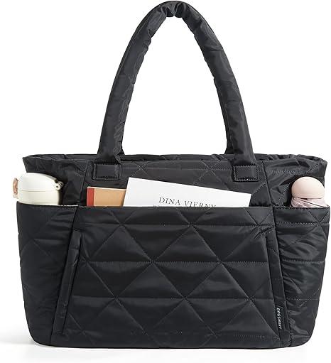 Puffer Tote Bag for Women, Cute Quilted Carryall with Zippered Compartments Shoulder Bag Handbag for Work, Travel, Gym