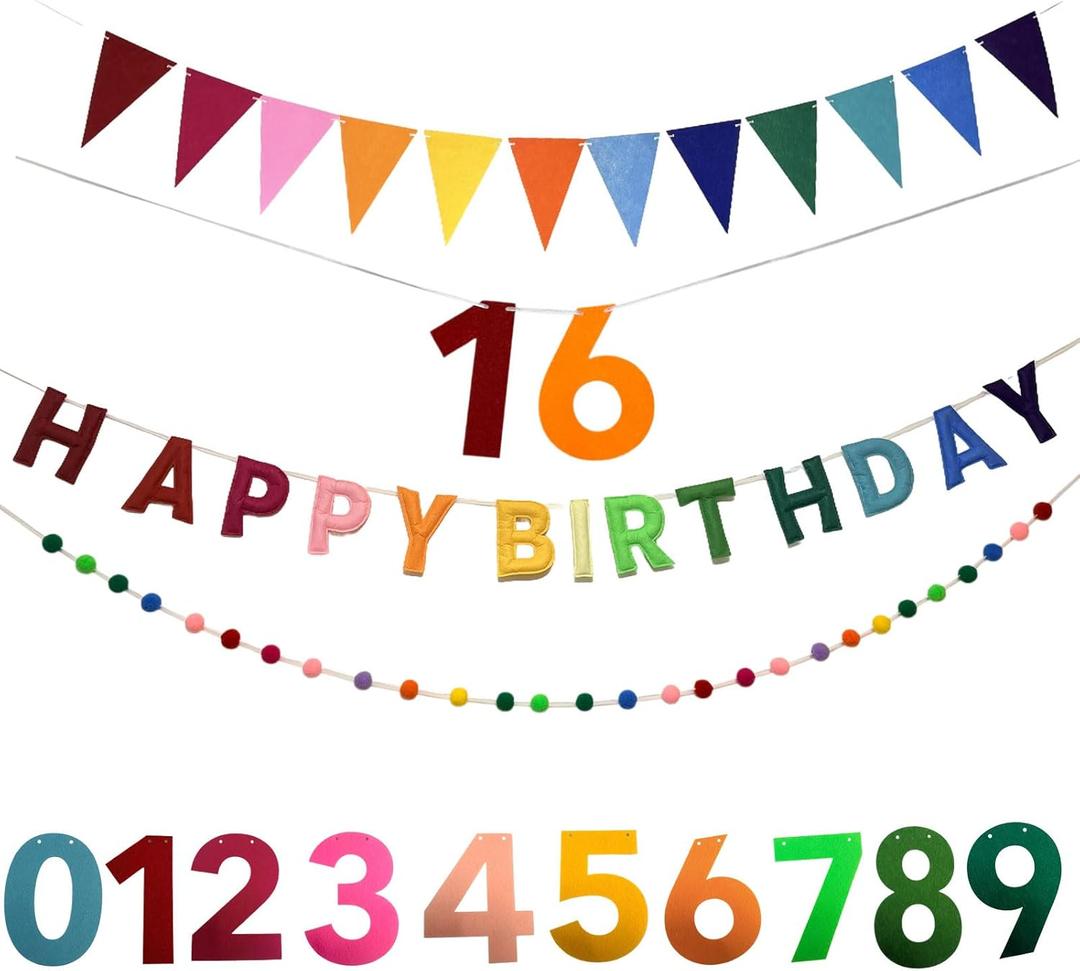 Happy Birthday Banner Pre Strung Felt Decorations Reusable Party Garland Set Rainbow Birthday Supplies With Ball Garland And Pennant Flag For Girls Boys Women Men Photo Prop Room Decor Rainbow