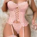 Lilosy Sexy Lace Push Up Corset Garter 3 Piece Lingerie Set (Pink, M)