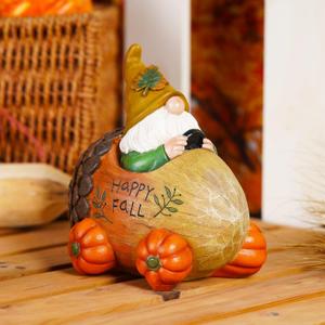 Topadorn Fall Gnome Statue Pine Cone Car with Pumpkin Wheel, Autumn Harvest Gnome Resin Figurine for Home and Outdoor, Thanksgiving Party Home Gnomes Decor